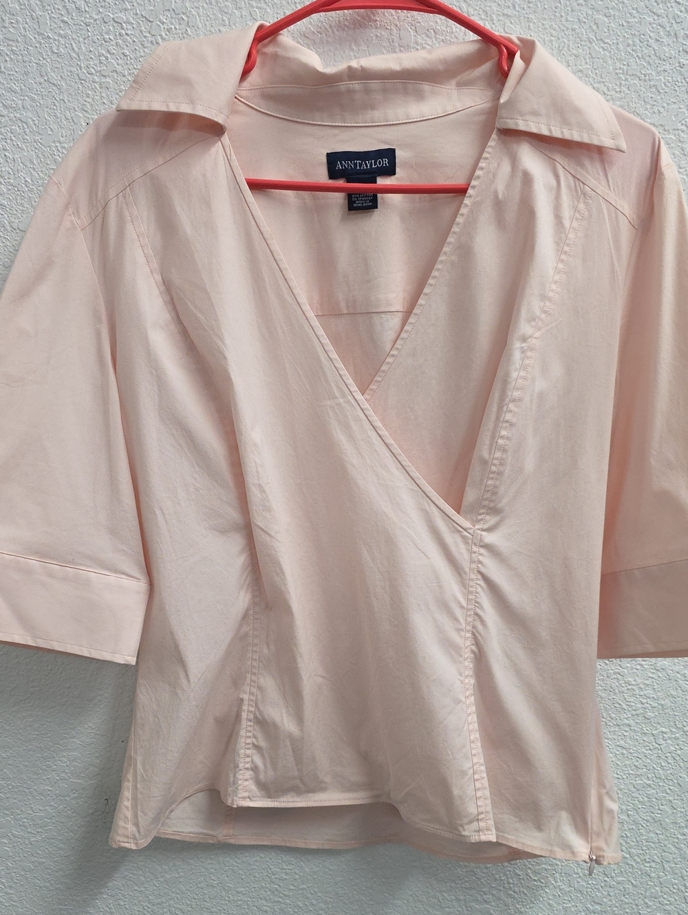 Ann Taylor Wrap Front Blouse Light Pink Cotton Stretch Size 14